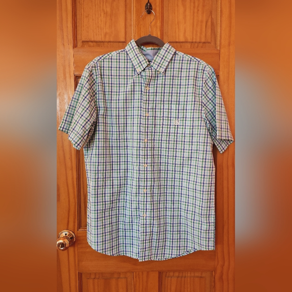 CHAPS MENS EASY CARE GREEN CHECKERED SHORT SLEEVES CASUAL DRESS SHIRT  MEDIUM M